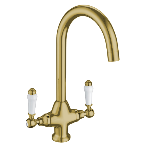 Monument Tap - Traditional Twin Lever Round Neck Mixer Tap - Gold Brass