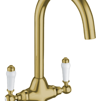 Monument Tap - Traditional Twin Lever Round Neck Mixer Tap - Gold Brass